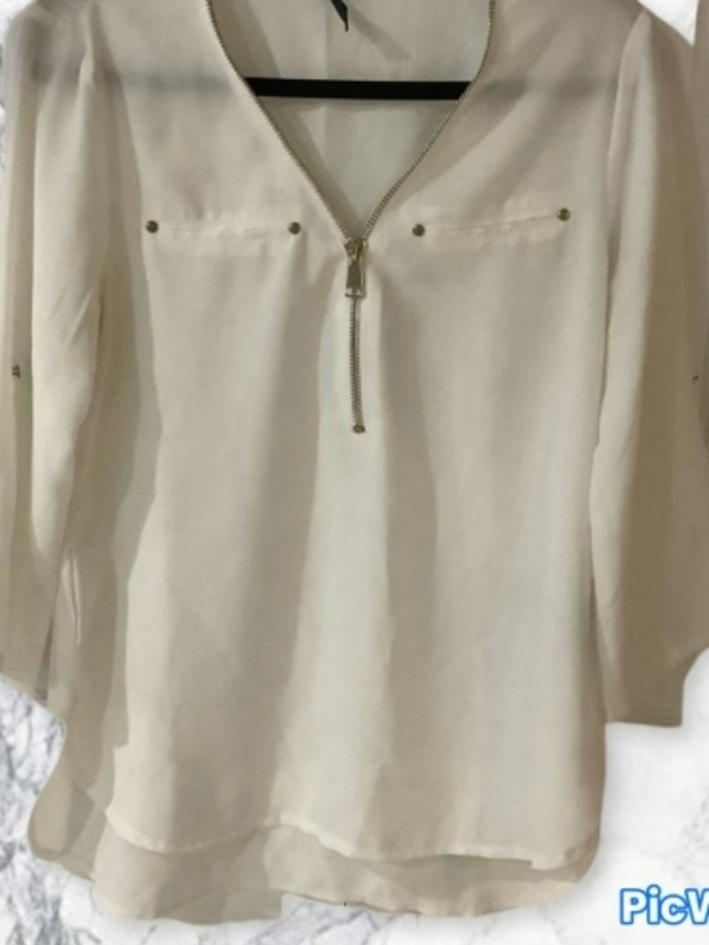 Women's White Zip-Front Stud Sheer Blouse